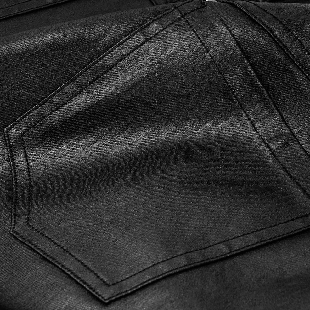 Stitched pocket seam detail on black faux leather gothic pants showing precision stitching and matte finish