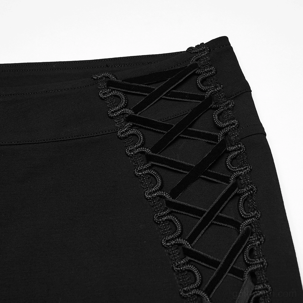 Close-up detail of gothic pants side lace-up straps showing velvet ribbon with braided trim gothic styling