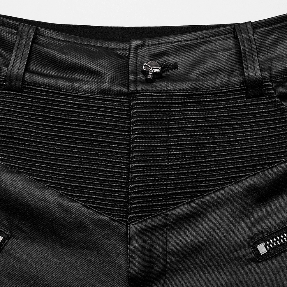 Close-up of gothic pants waist detail showing button fly and reinforced belt loops with ribbed panel
