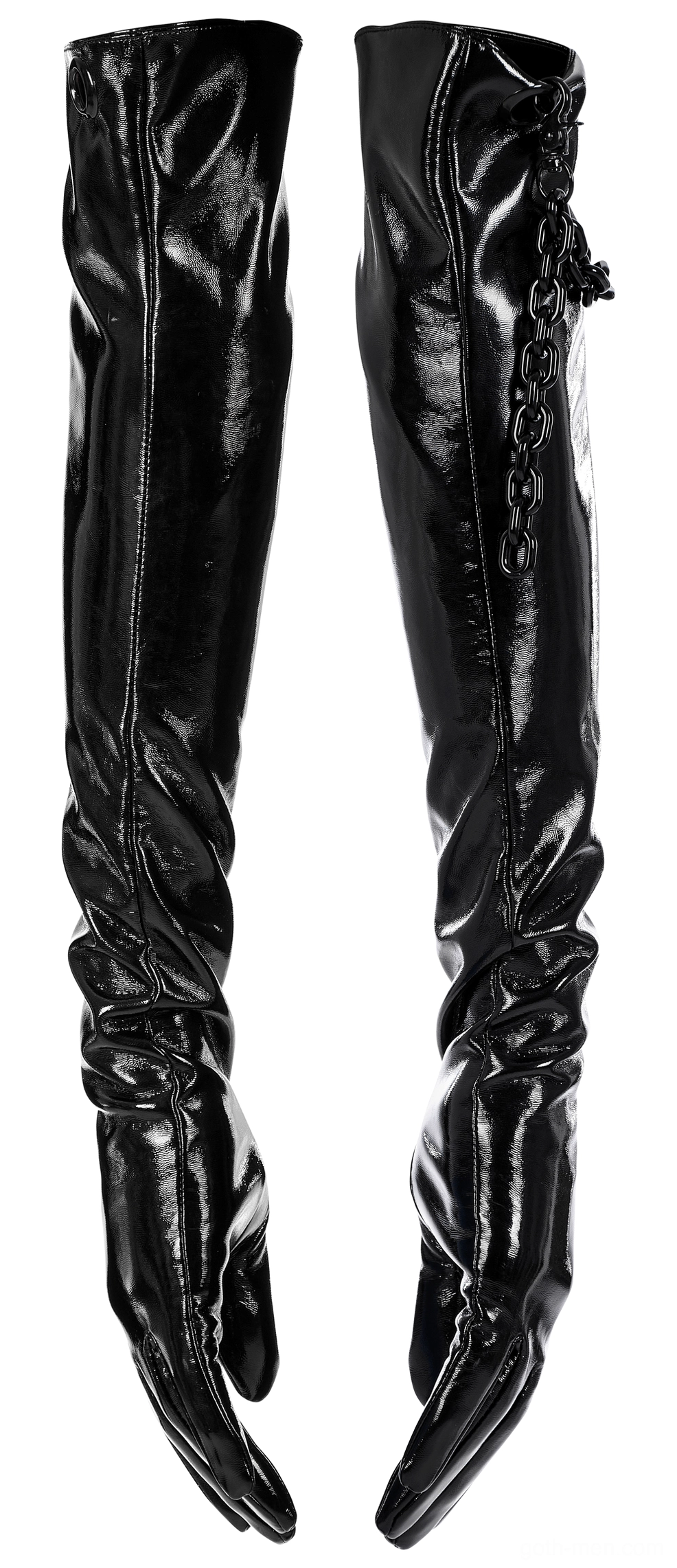 Pair of black glossy patent leather gloves with chunky metal chain accessory in flat lay view, detachable chain on cuff