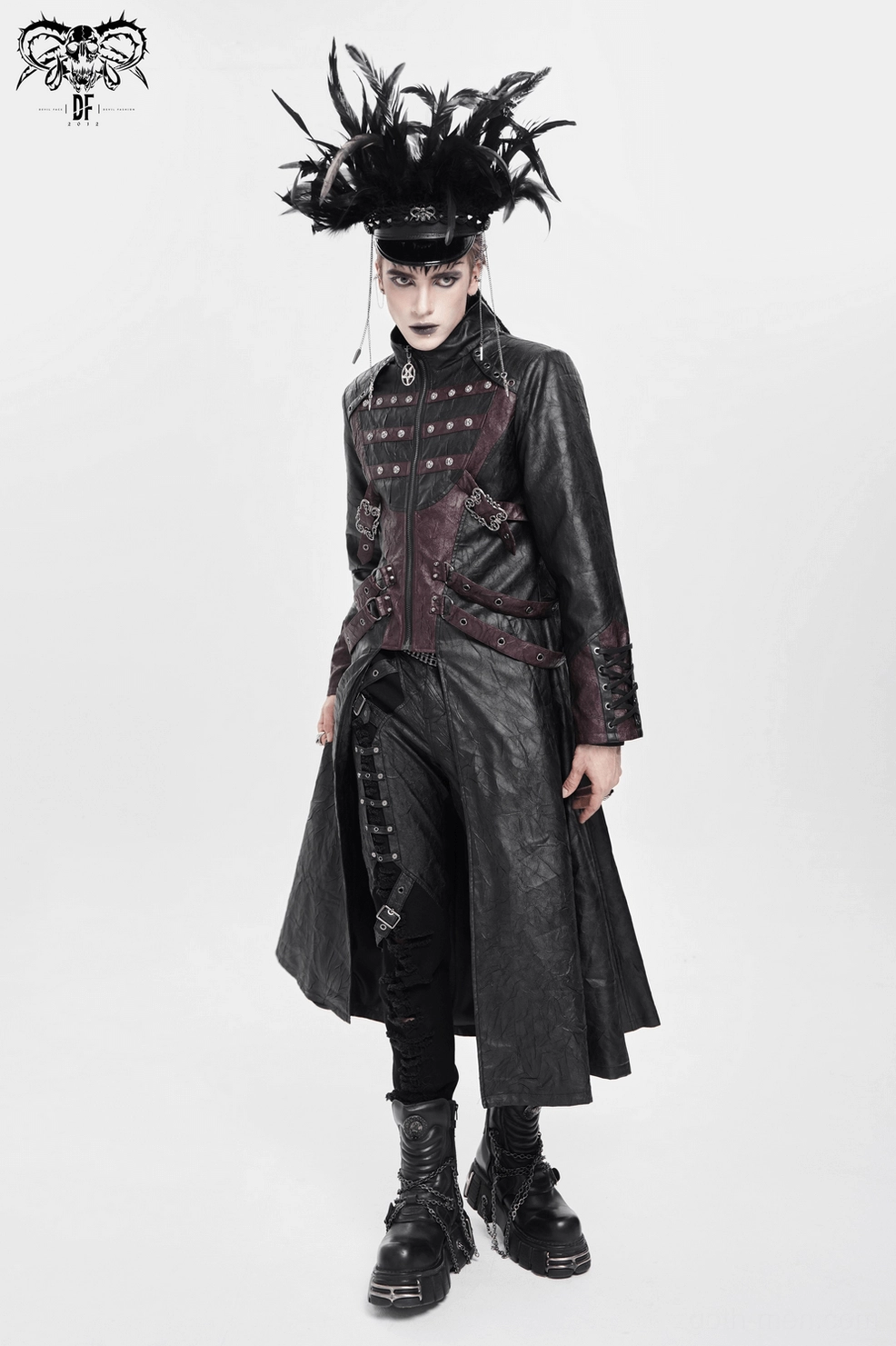 Male model wearing black wine red gothic pentagram coat showing dramatic full-body silhouette and presence