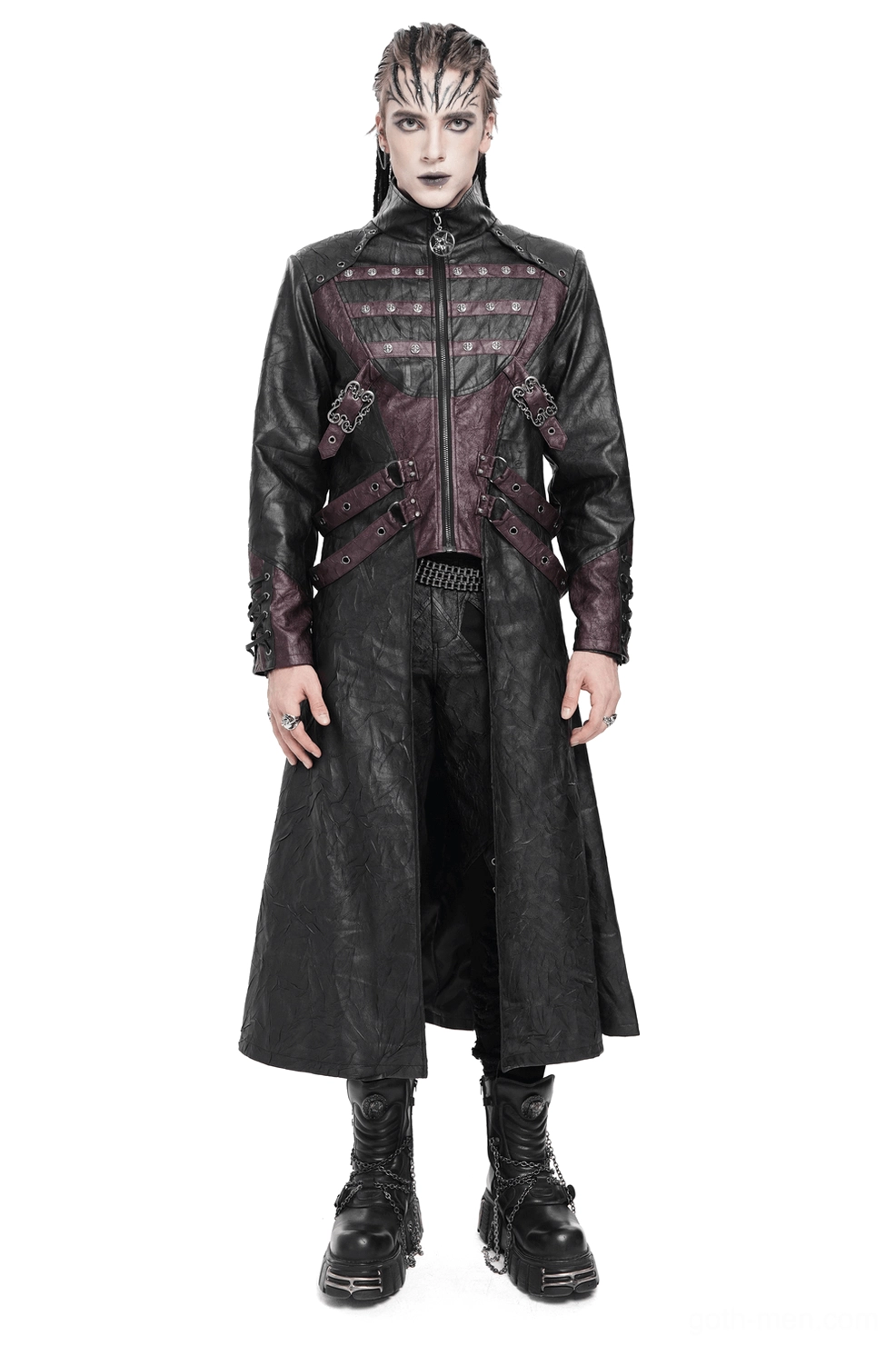 Gothic pentagram buckled long coat front view on male model with braids, black and wine red faux leather with metal accents