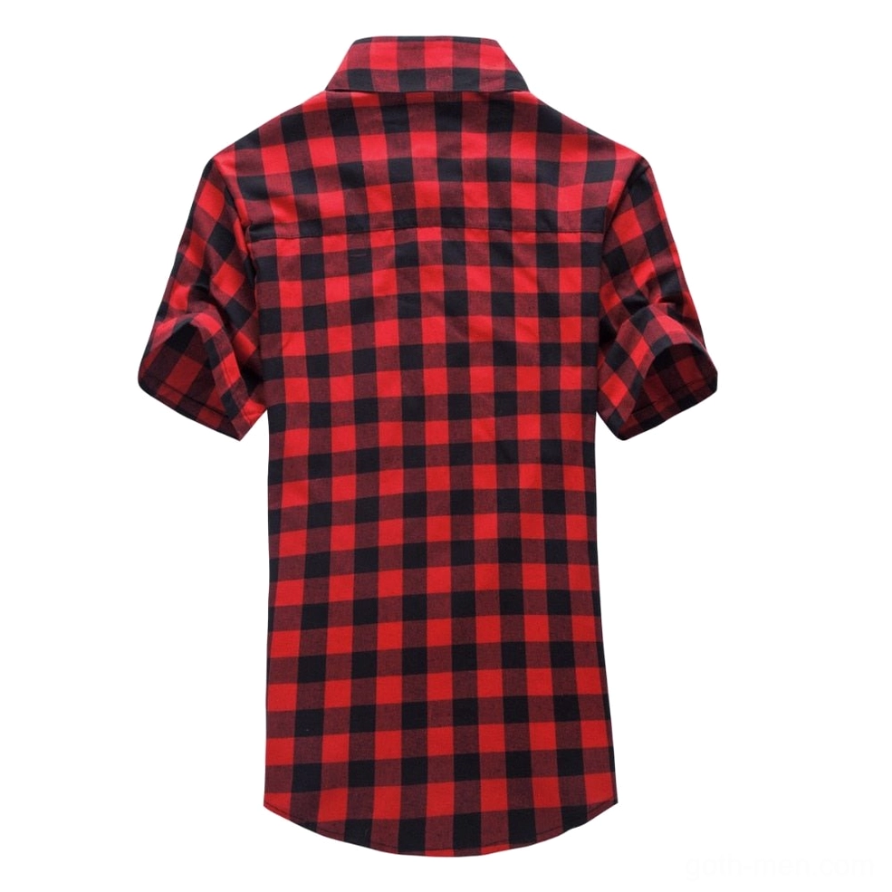 Men's gothic plaid shirt rear view - red and black check with rolled short sleeves