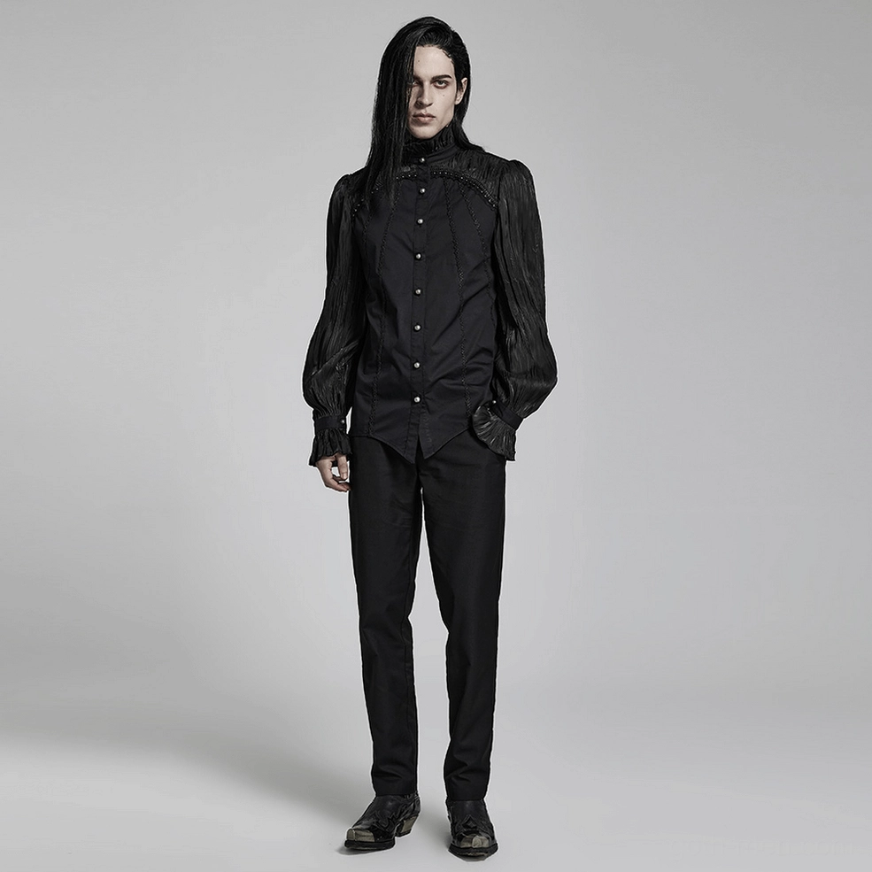 Gothic pleated shirt sleeve detail flat lay showcasing bishop sleeve pleating and button cuff closure