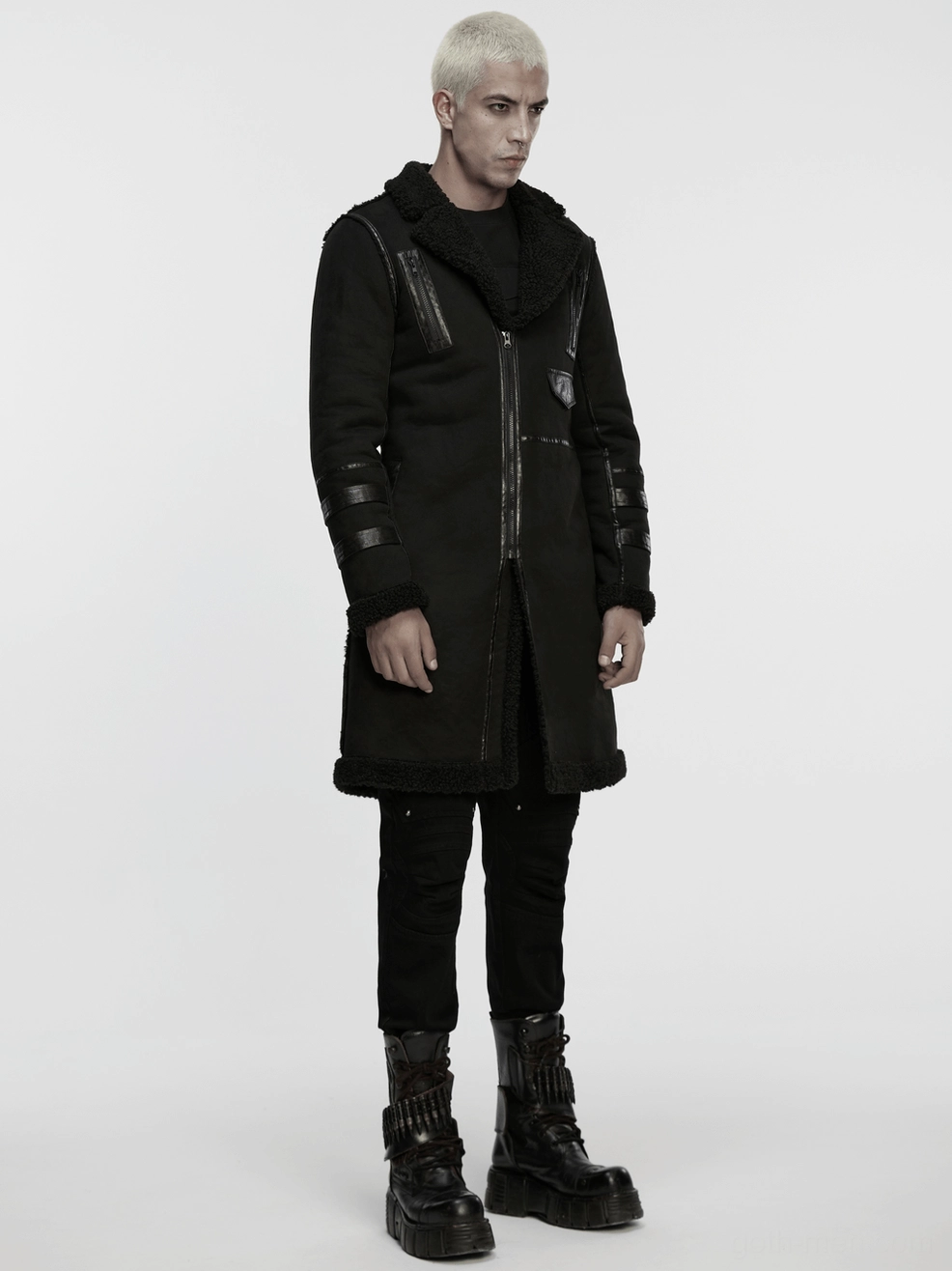 Black plush coat asymmetric front zipper and faux leather panel highlighting punk gothic design