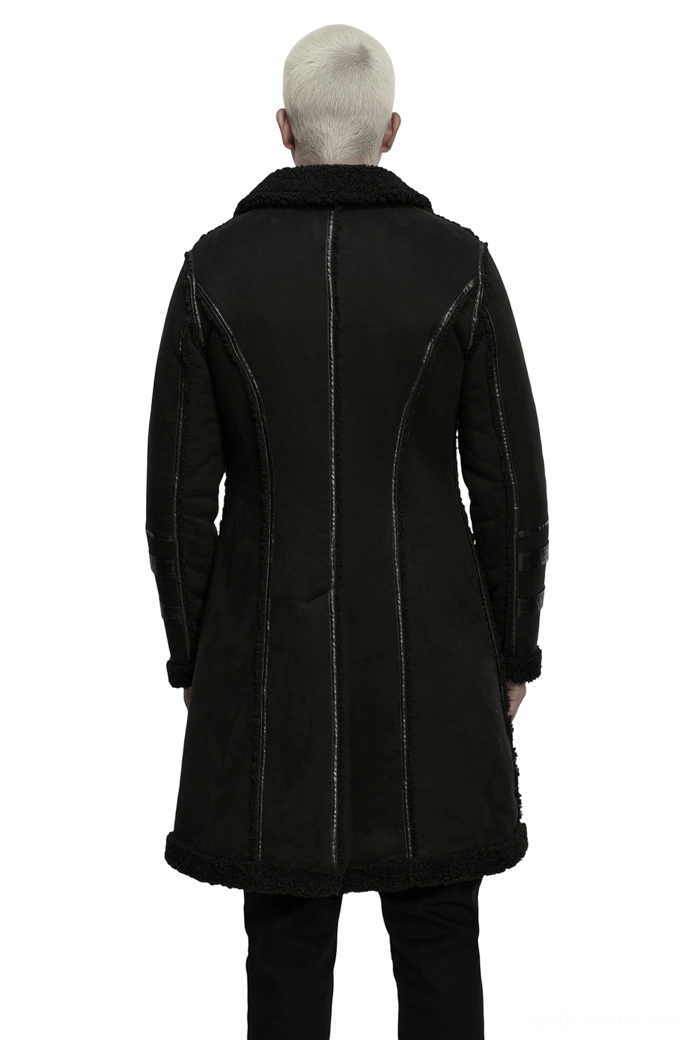 Dark alternative fitted plush coat back view showing tailored seams and shearling hem trim