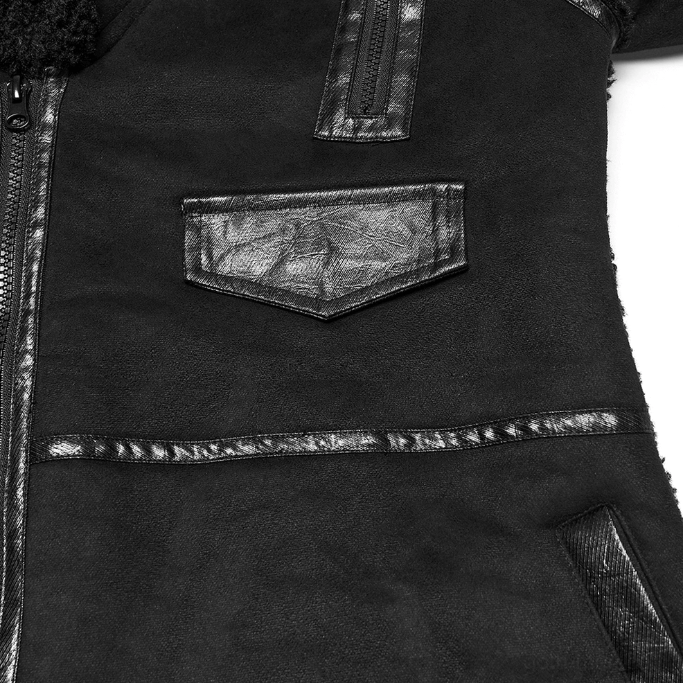 Black faux leather chest pocket with contrast stitching detail on men's gothic plush coat