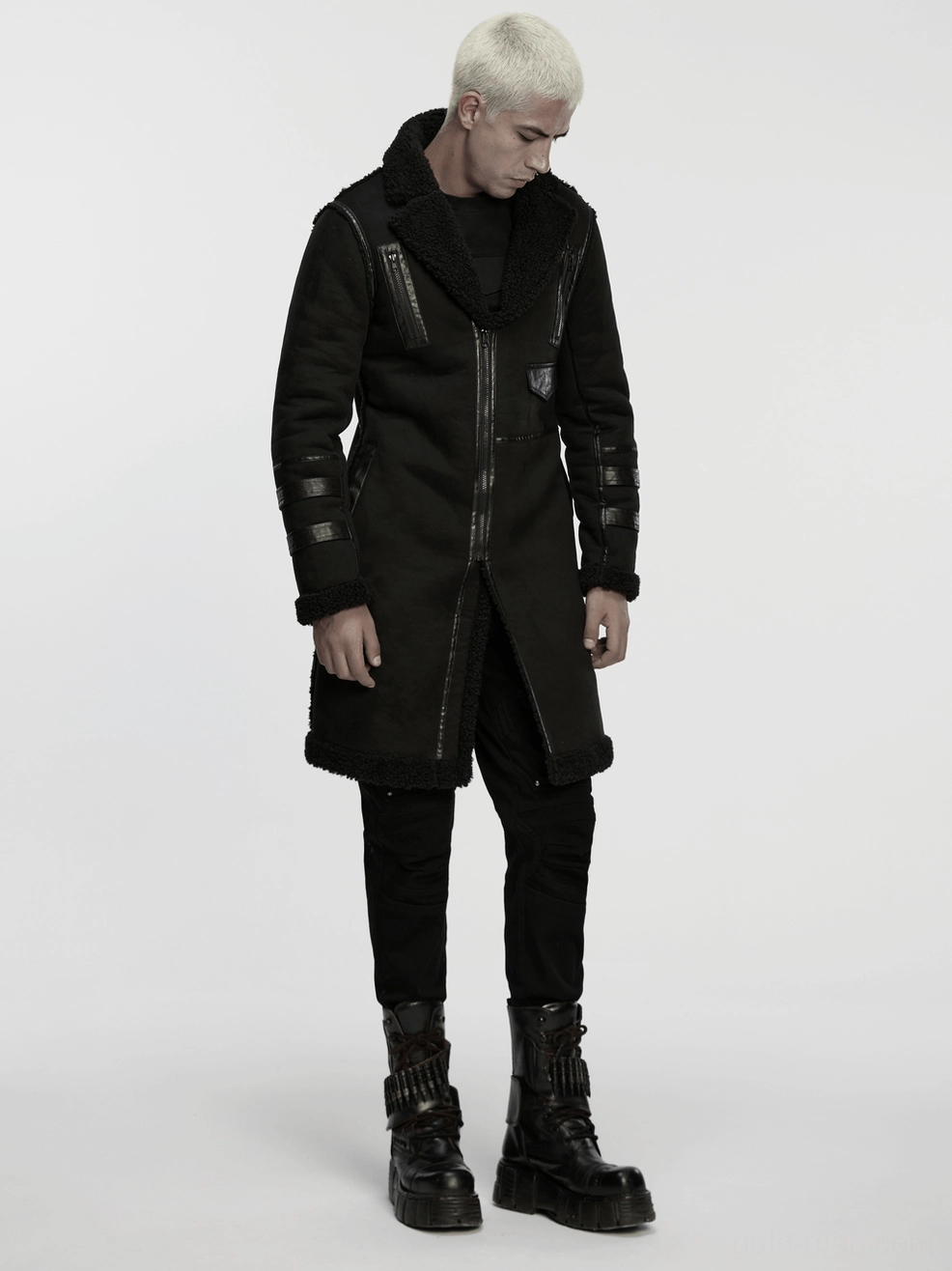 Dark alternative fitted plush coat showcasing faux leather accents and premium shearling trim finishing