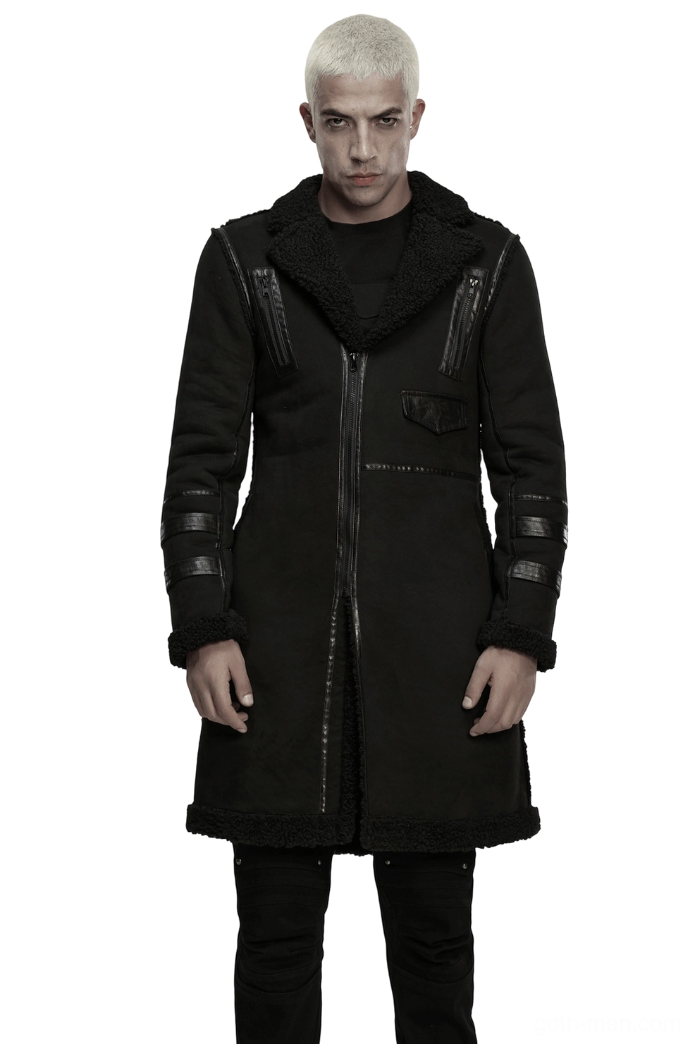 Black gothic plush coat with faux leather panels front view on model with shearling collar and asymmetric zippers