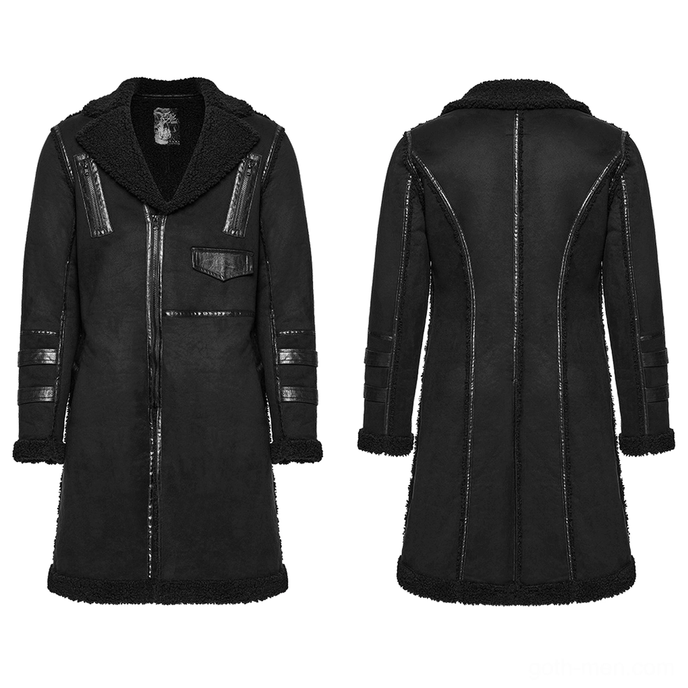 Men's black faux leather and plush coat flat lay detail showing chest pocket and sleeve strap zippers