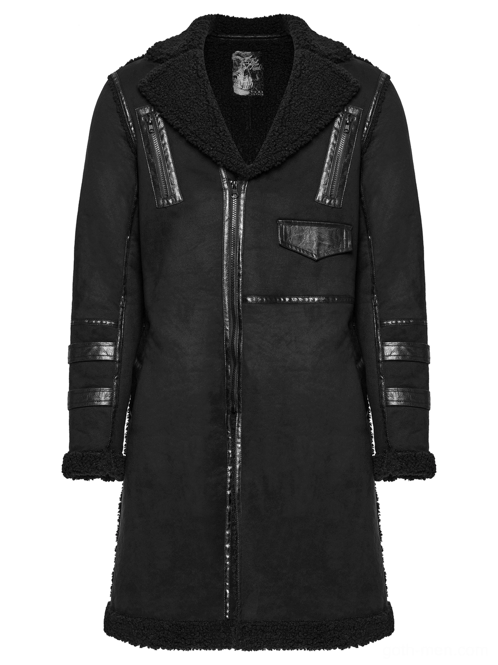 Black punk plush coat front display flat lay with faux suede panels and shearling collar