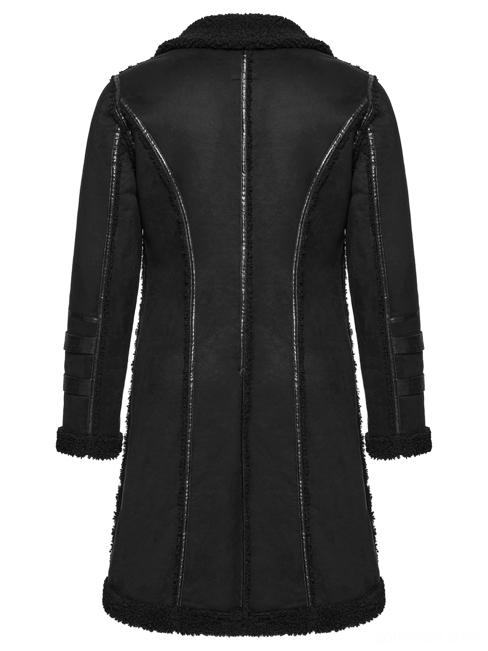 Black plush coat rear flat lay showing vertical tailored seams and shearling hem trim detail