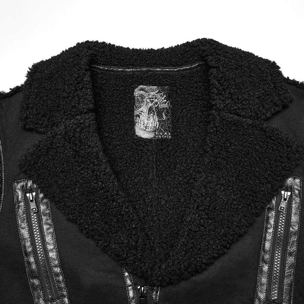 Close-up of shearling lapel collar with metal zipper and decorative embroidery details on gothic coat