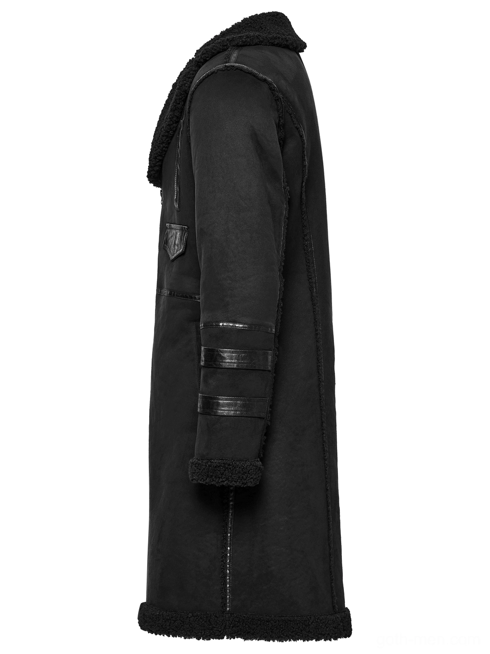 Gothic fitted plush coat side view flat lay showing sleeve zipper straps and tailored side seams