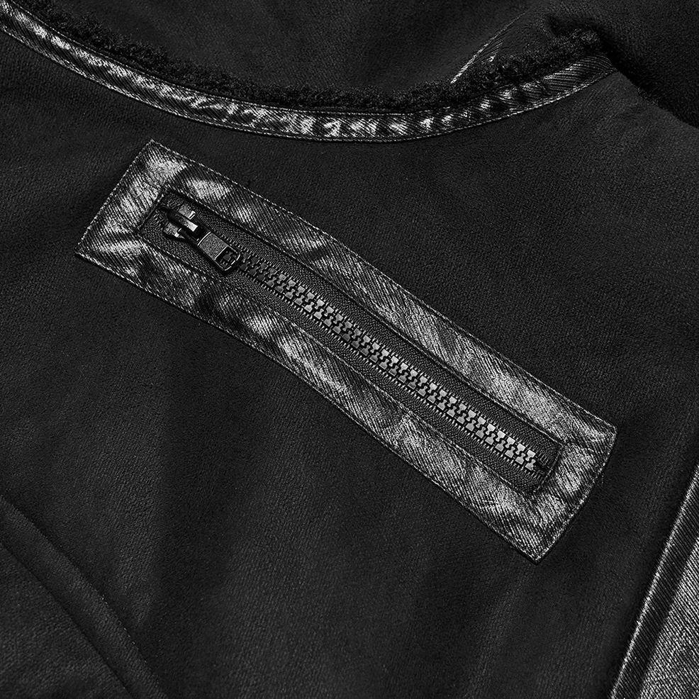 Decorative side zipper with leather trim and metal hardware on alternative fashion plush coat