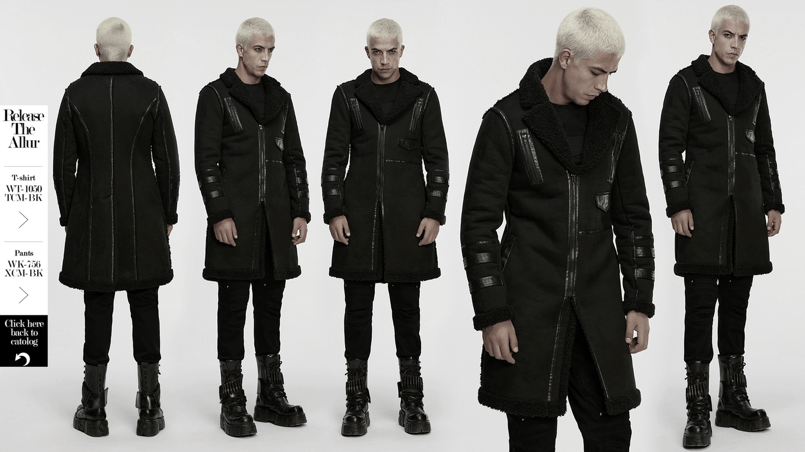 Sleeve detail of gothic men's plush coat showing decorative zipper and metal fastener on black fabric