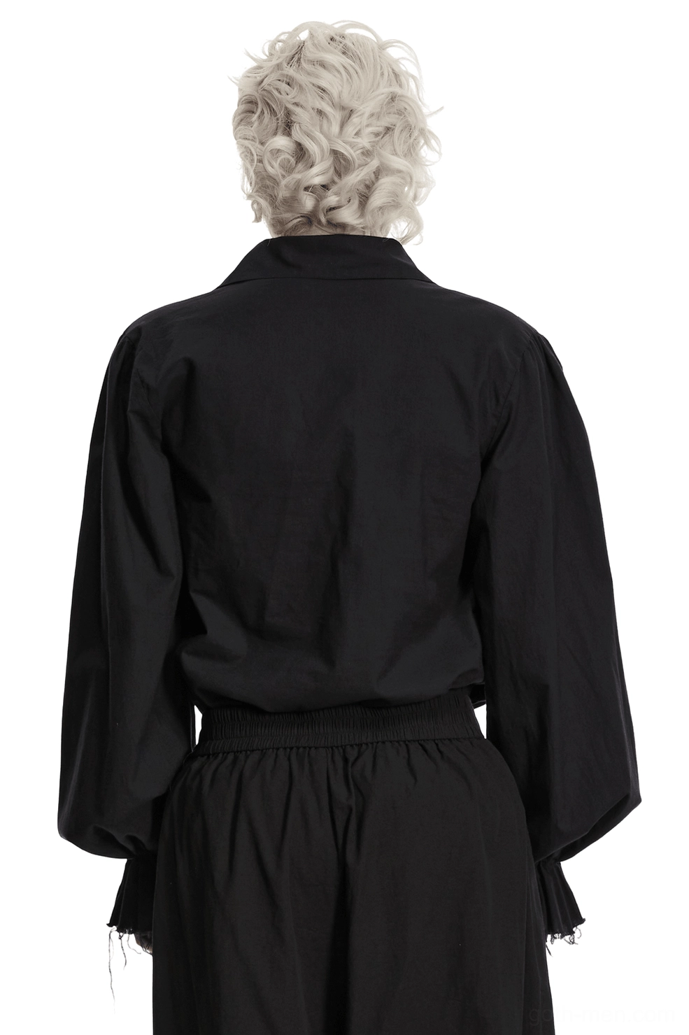 Black gothic poet shirt back view showing gathered bishop sleeves and raw frayed cuffs