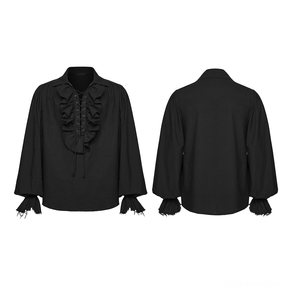 Black gothic poet shirt flat lay front and back display with ruffled lace-up details