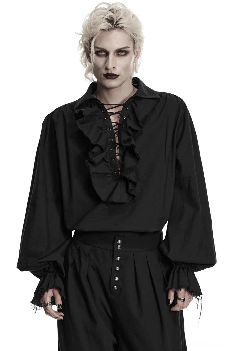 Black gothic poet shirt with lace-up ruffled front and bishop sleeves - front view on model