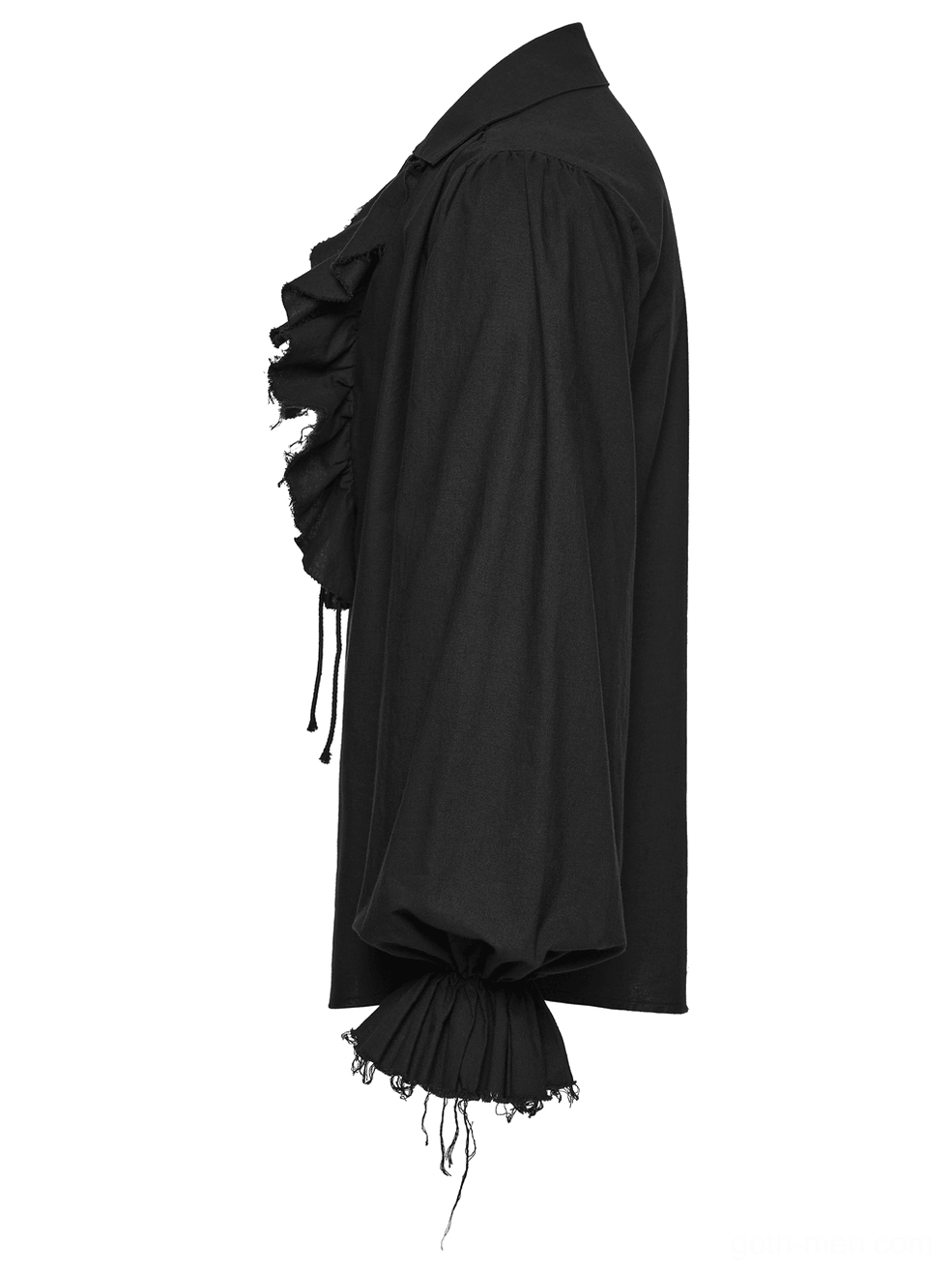 Black gothic poet shirt side profile view showing gathered bishop sleeves silhouette