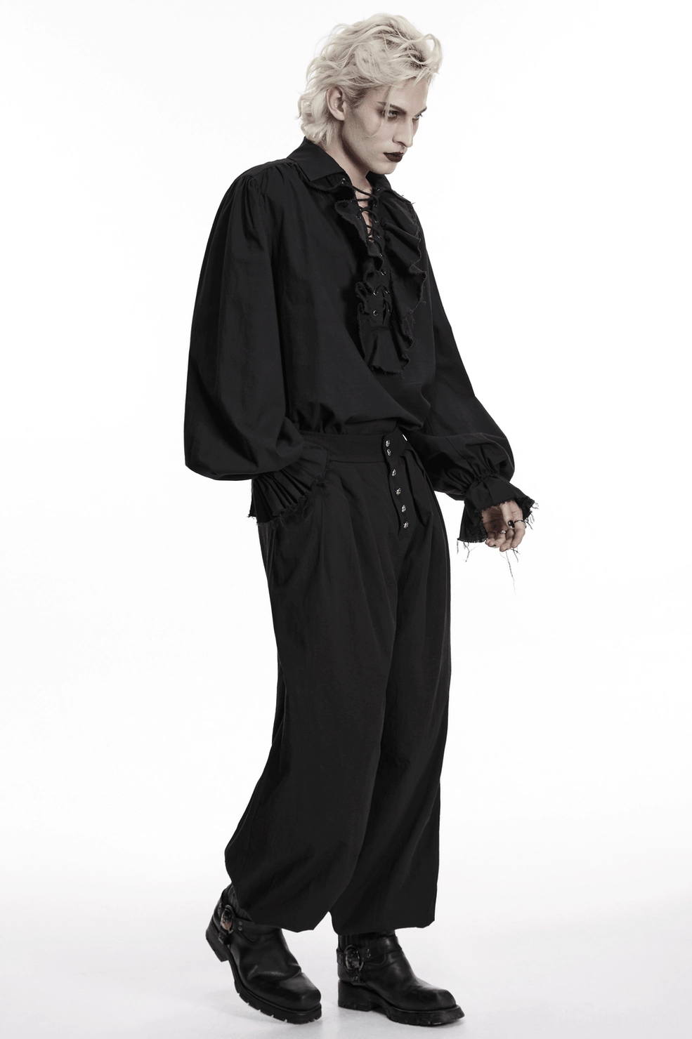 Black gothic poet shirt ensemble view demonstrating complete gothic romantic aesthetic
