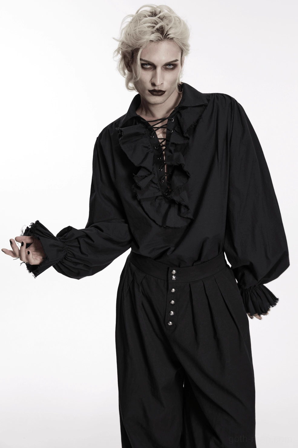 Black gothic poet shirt construction detail highlighting quality craftsmanship and design elements