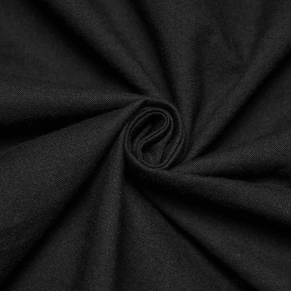 Close-up of black gothic poet shirt fabric texture showing cotton weave and soft material