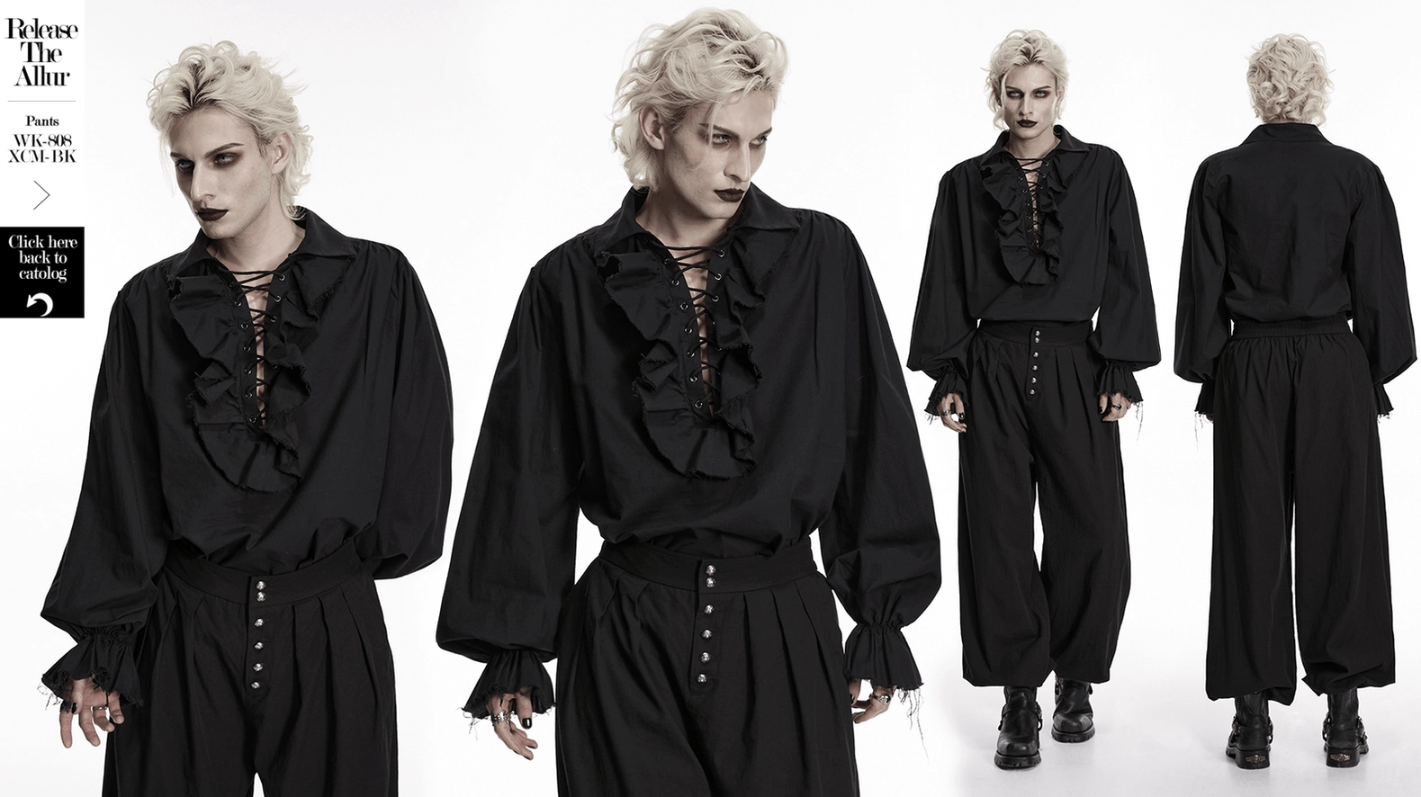Black gothic poet shirt full length view showcasing dramatic silhouette and design details