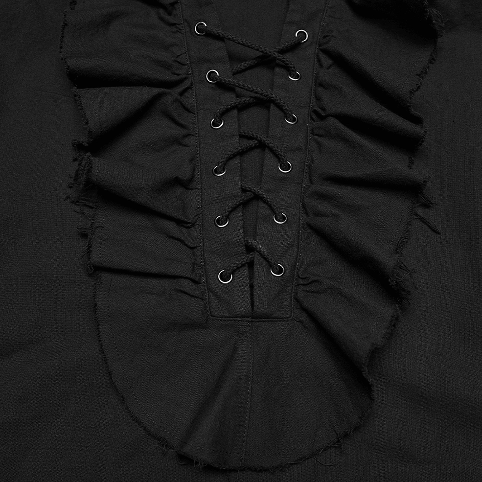 Close-up of black gothic poet shirt neckline showing lace-up eyelets and frayed ruffled trim