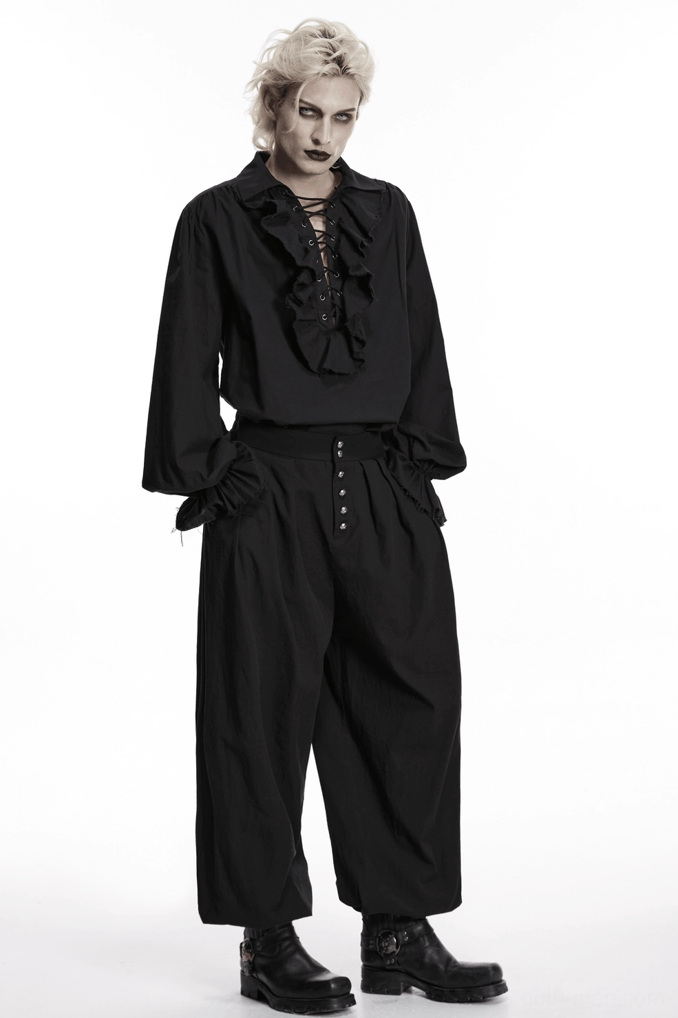 Black gothic poet shirt worn styling showing versatility with alternative fashion aesthetic