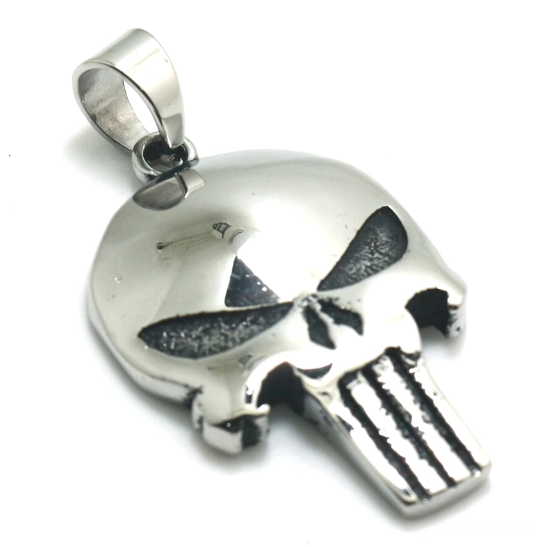 Gothic Punisher skull pendant front view - polished stainless steel with engraved facial details, alternative rock jewelry