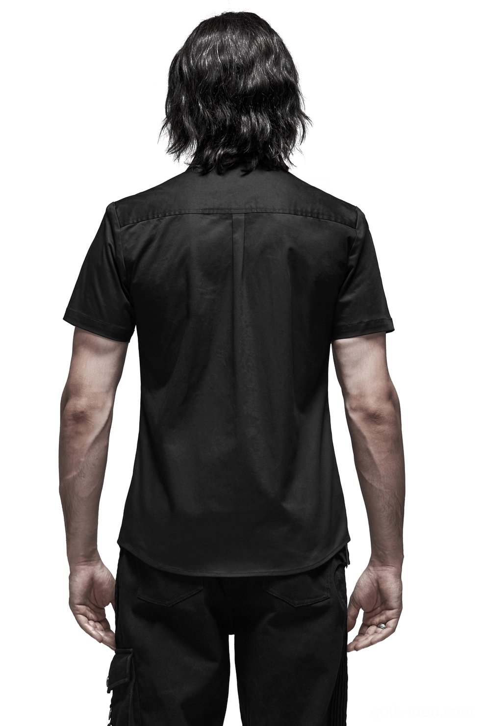 Black gothic punk short sleeve shirt rear view showing central back pleat and tailored fit