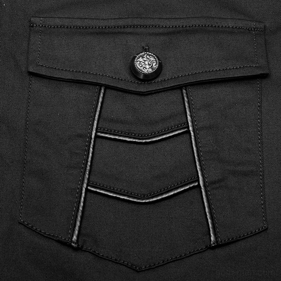 Close-up detail of black gothic punk shirt embossed metal button and decorative stitching on chest pocket