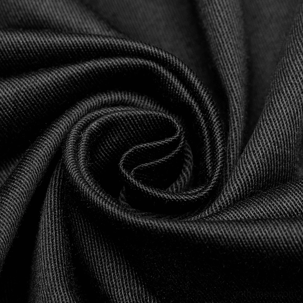 Fabric texture close-up of black gothic punk shirt showing twill weave and matte finish