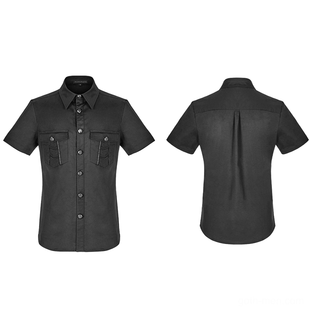 Black gothic punk short sleeve shirt flat lay front and back view with structured silhouette