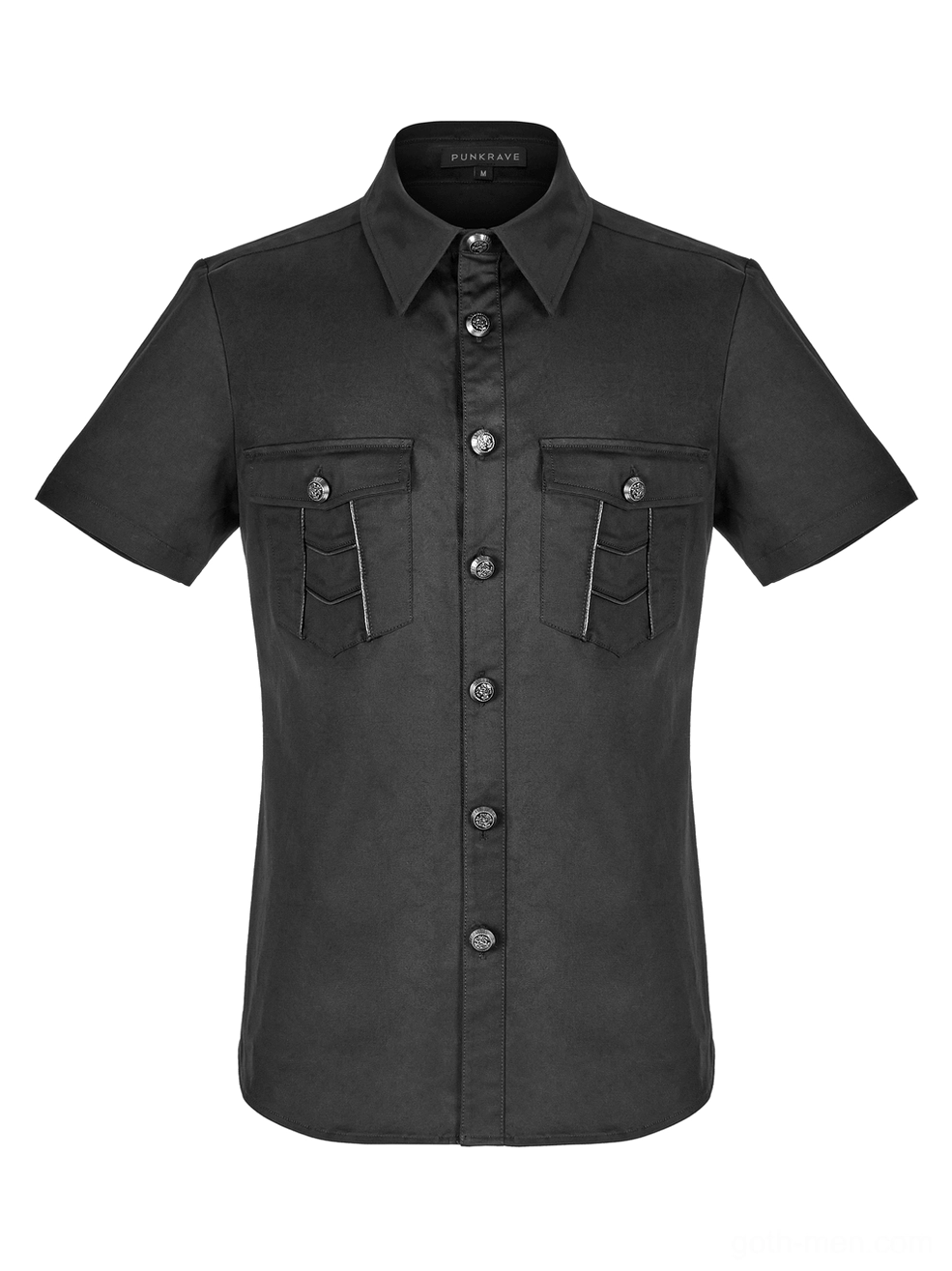 Black gothic punk short sleeve shirt front flat lay showing pointed collar and metal button placket