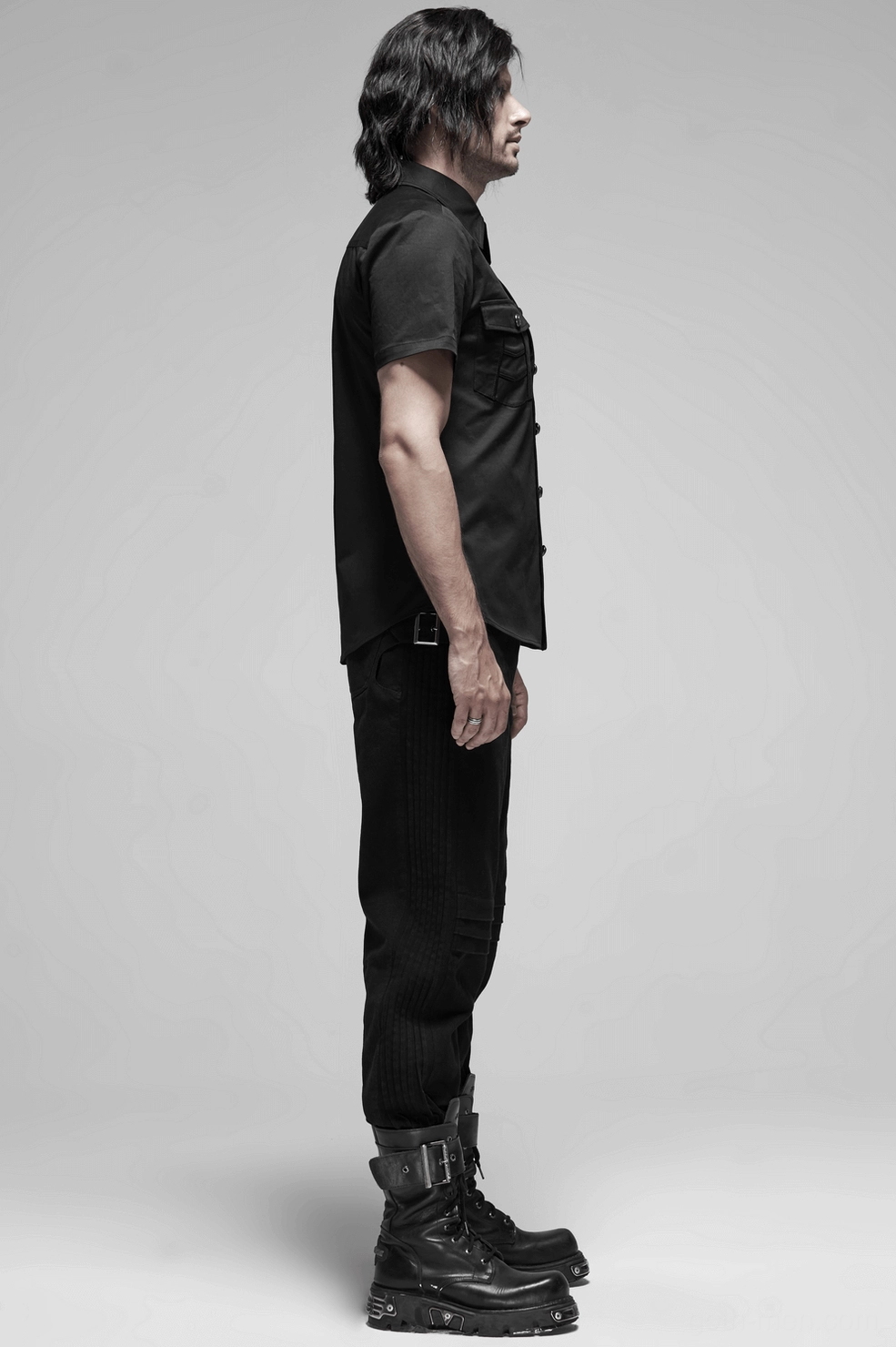 Black gothic punk short sleeve shirt material composition and care instructions detail