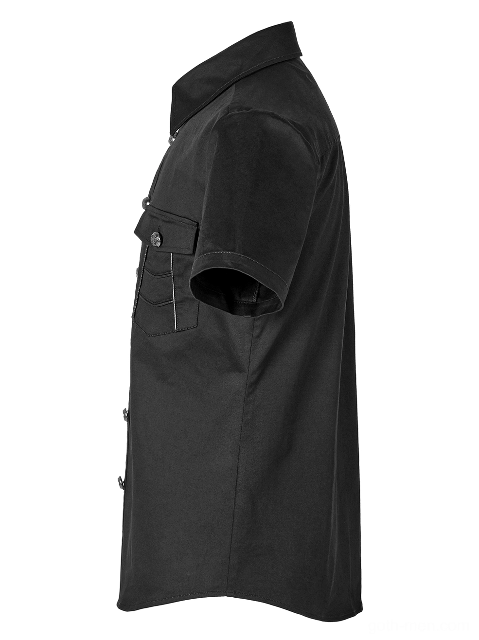 Black gothic punk short sleeve shirt side view flat lay with pocket and metal button details