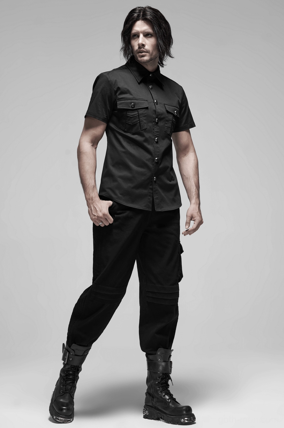 Black gothic punk short sleeve shirt styling inspiration paired with alternative fashion accessories