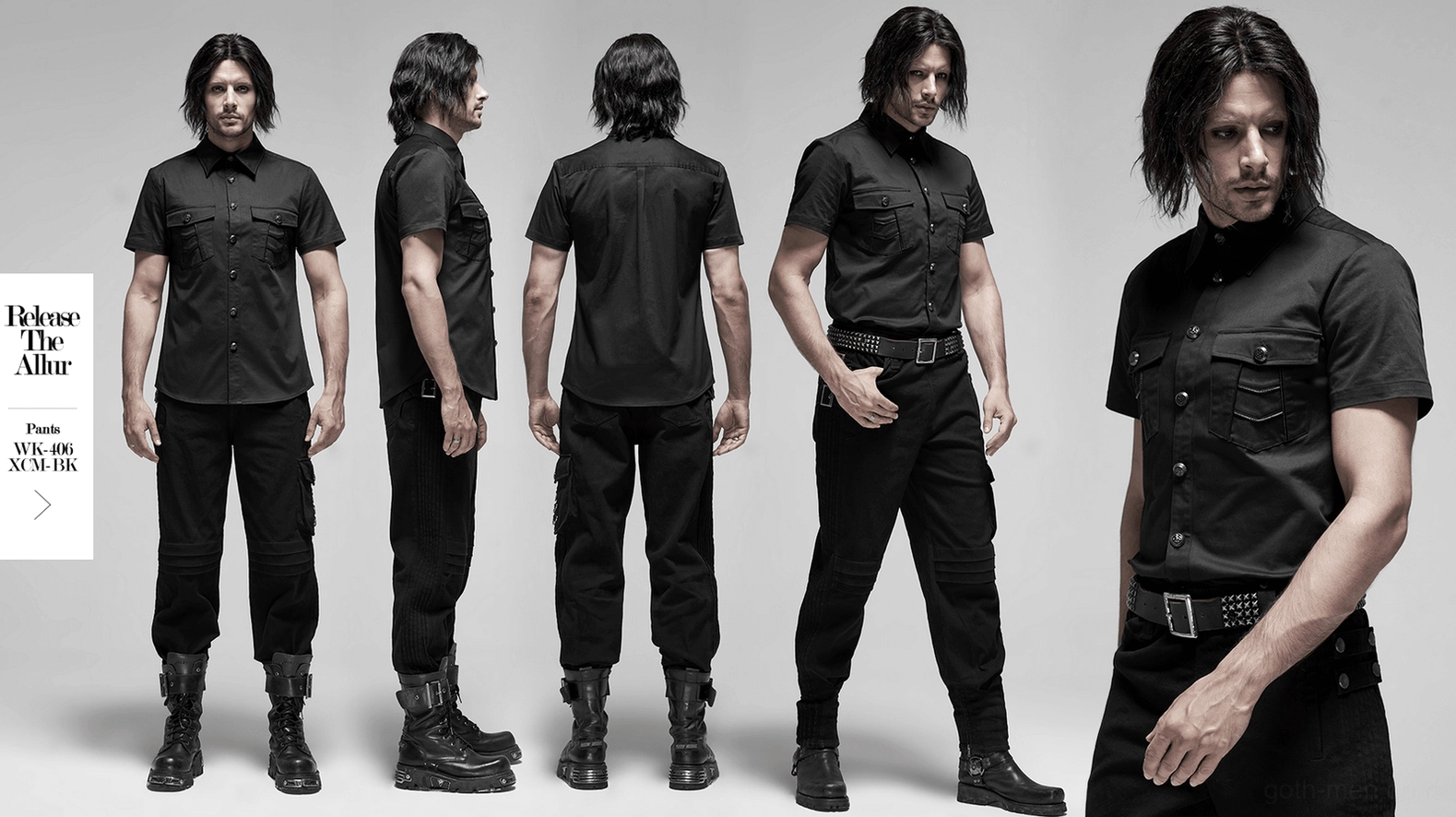 Black gothic punk short sleeve shirt three-quarter angle view showing overall fit and design proportions