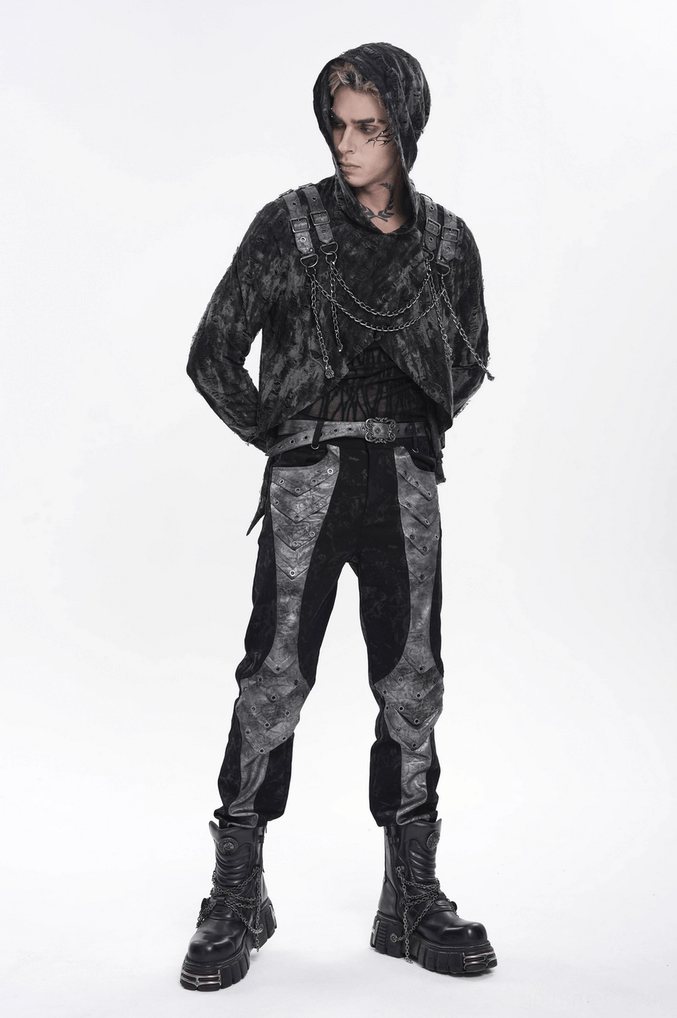 Black gothic punk hooded top with layered mesh and metal chain details - front display
