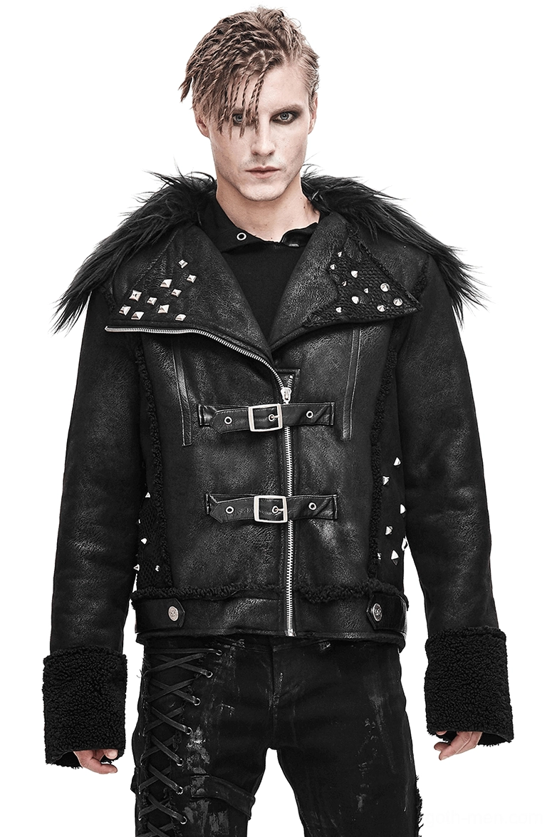 Black gothic punk leather jacket with faux fur collar, metal pyramid studs, and diagonal zipper - front full view on male model