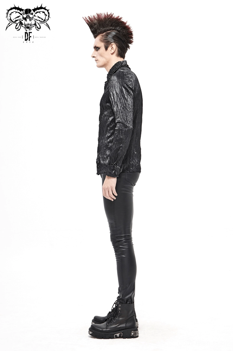 Gothic black punk rock men's shirt full view showing crinkled fabric, metal details, and alternative aesthetic