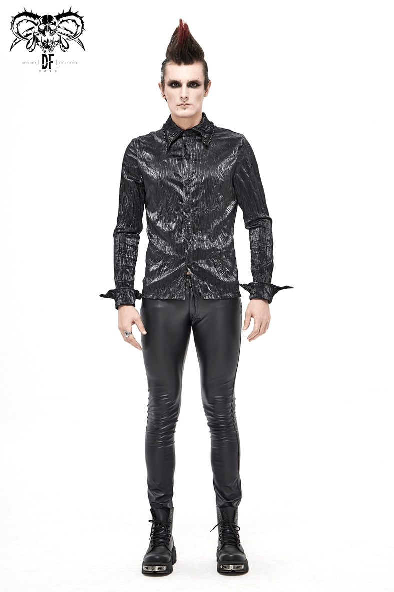 Angle of gothic black punk shirt highlighting distinctive pointed cuff design and glossy finish