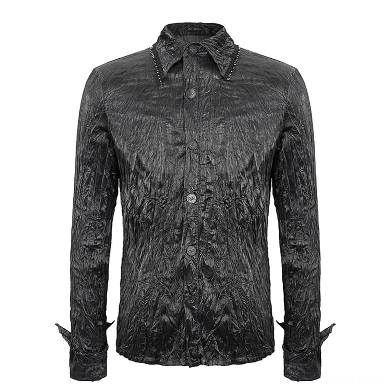 Black gothic punk shirt flat lay front view showing crinkled synthetic leather, button front, and pointed cuffs