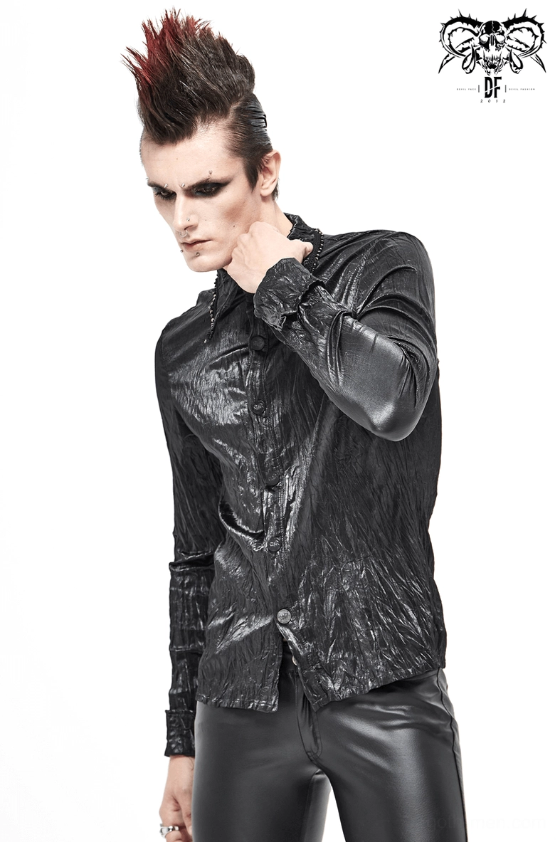 Black gothic punk rock shirt detail showing metal hardware and structured tailoring on crinkled synthetic leather