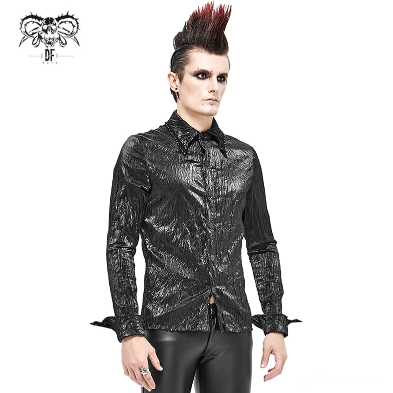 Gothic punk rock black shirt demonstrating slim-fit cut and three-dimensional crinkled fabric construction