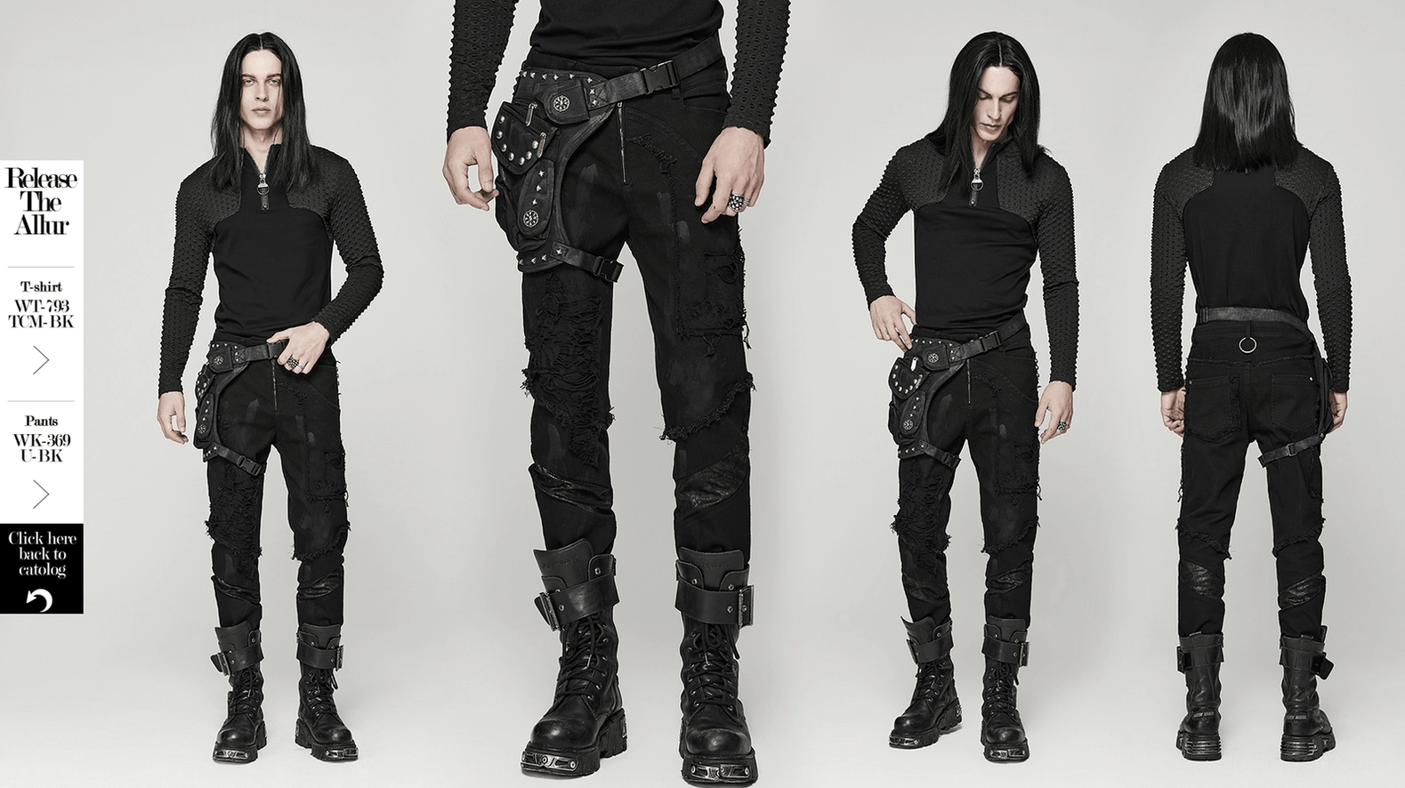 Black gothic punk waist bag lifestyle shot showing band photography style aesthetic with alternative fashion context