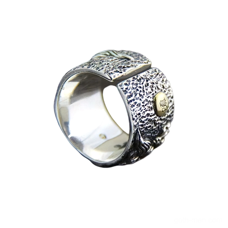 Men's adjustable beast ring side profile showing hammered texture band with golden metal charm tag