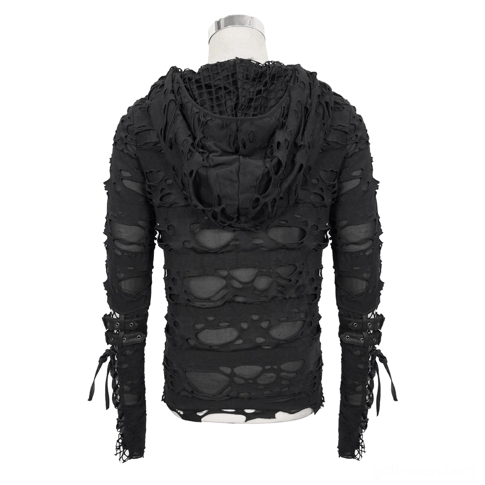 Black gothic ripped hoodie back view on dress form, mesh hooded design with arm lace and buckle strap details